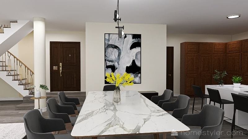 Visualización 3D de comedor con mesa de mármol