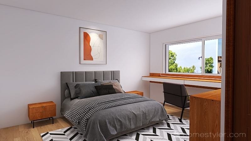 Visualización 3D de recámara con escritorio bajo ventana
